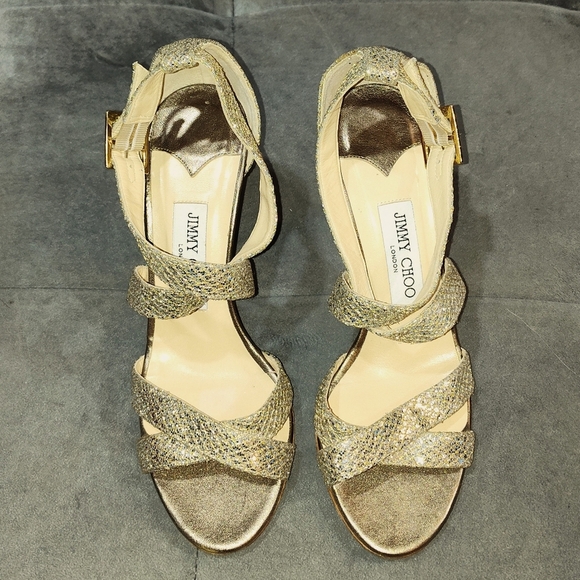 EUC Jimmy Choo Gold Glitter Louise Strappy Sandals Size 38.5 - Picture 3 of 10